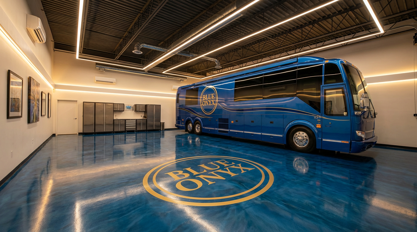 Blue Onyx garage suite with Prevost coach
